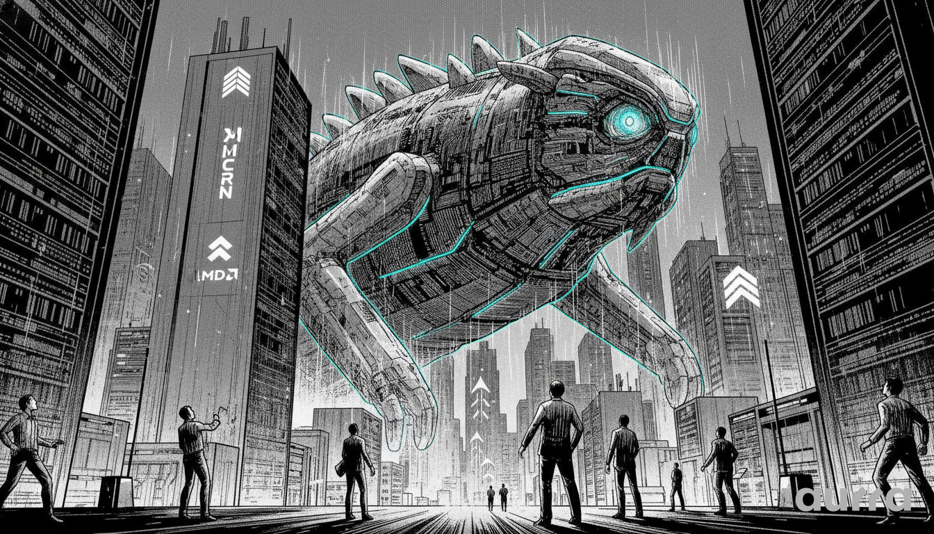 A black and white sketch style drawing in image_9d2c7e.jpg showing a giant robotic lizard walking between city skyscrapers labeled Micron and AMD while people look up.