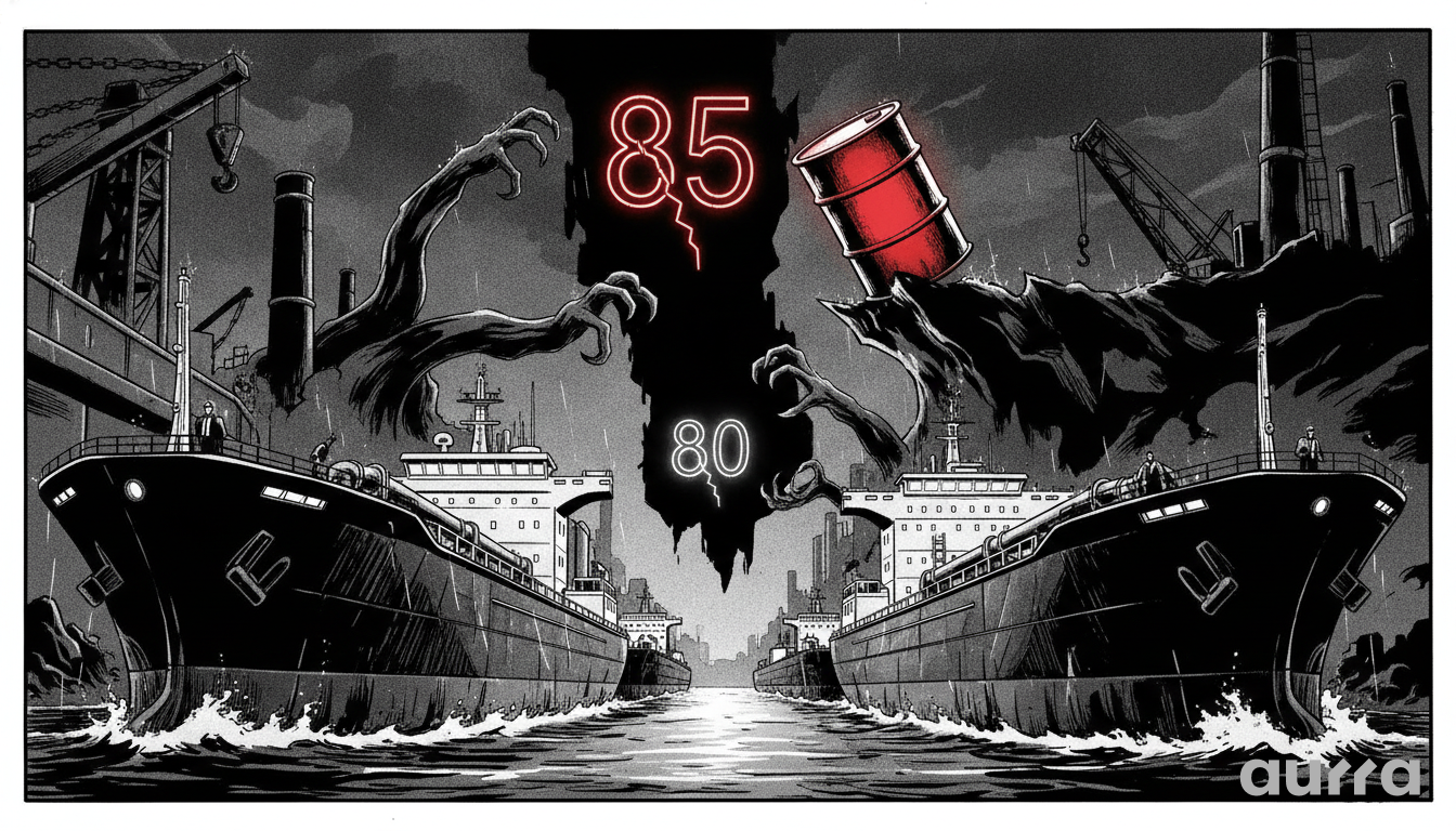 A black and white sketch drawing in image_6029e7.jpg showing two large oil tankers sailing side by side with monster claws emerging from a dark cloud between them, featuring glowing numbers 85 and 80, and a red oil barrel on a rocky ledge.
