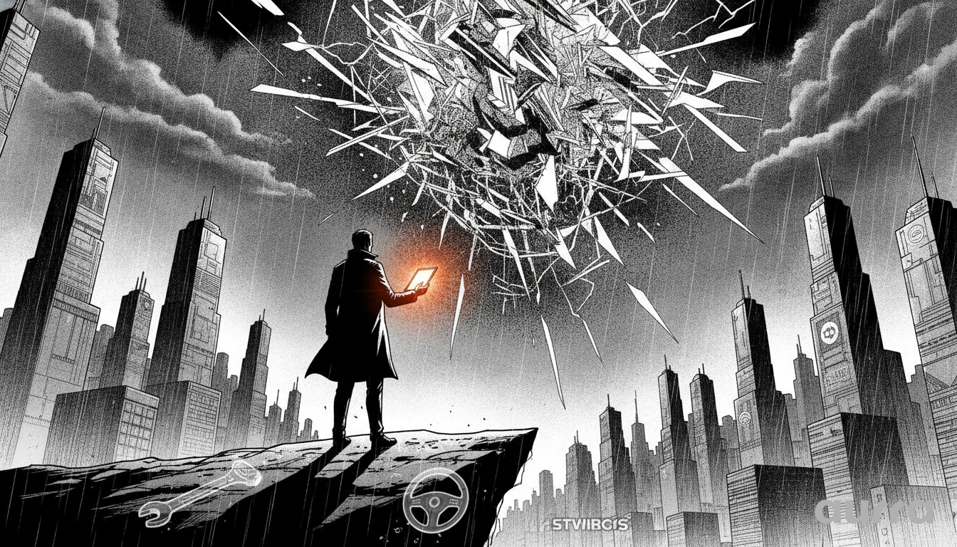 A sketch drawing in image_8be49a.jpg showing a man holding a glowing tablet on a cliff edge, looking up at a shattering sphere above city skyscrapers with a wrench and steering wheel falling below.