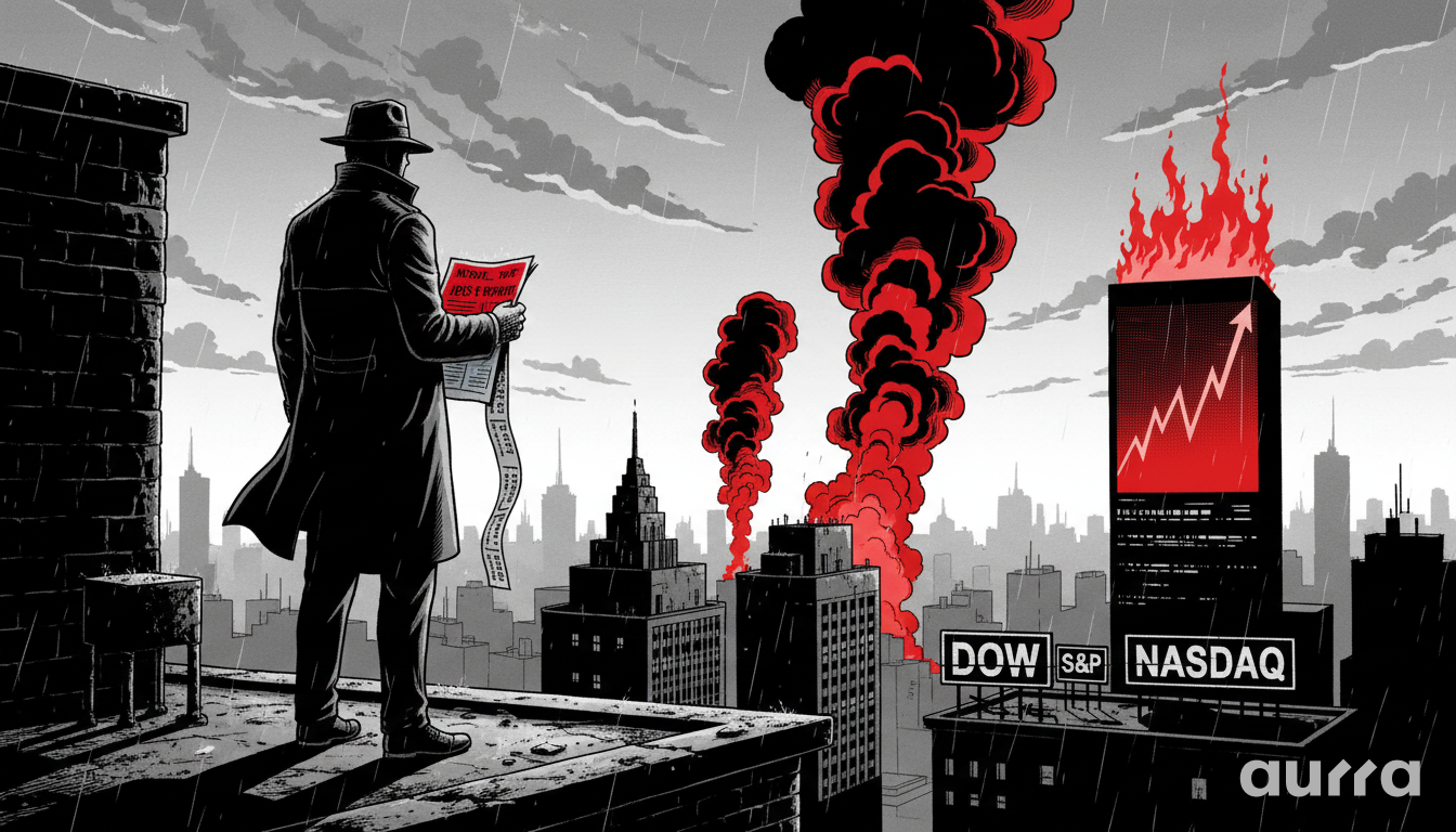 Illustration of a man in a trench coat and fedora standing on a rainy rooftop. He reads a newspaper while overlooking a city skyline with red smoke rising from buildings, and a glowing red stock chart billboard above signs for the DOW, S&P, and NASDAQ.