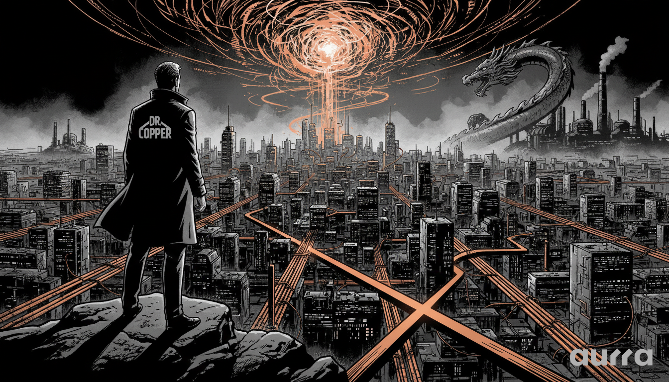 Noir-style illustration of a man in a trench coat reading "DR. COPPER" on the back, overlooking a city threaded with glowing copper pipes. A massive energy vortex swirls in the sky, while a giant dragon silhouette rises near industrial smokestacks in the background, symbolizing the Chinese market influence.