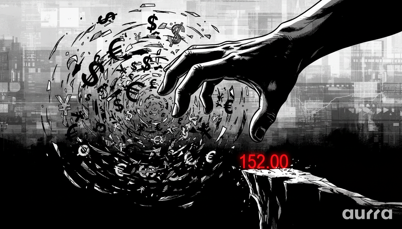 Noir-style illustration of a giant hand reaching down into a swirling vortex of currency symbols to grasp a crumbling cliff edge labeled "152.00," representing the critical support level for USD/JPY amidst central bank intervention.