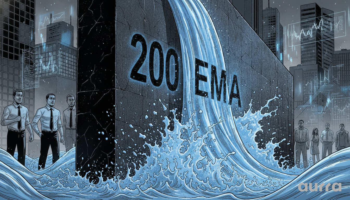 A sketch drawing in image_f022ab.jpg showing four men watching a massive waterfall spilling over a dark wall labeled 200 EMA, with city skyscrapers and technical charts in the background.