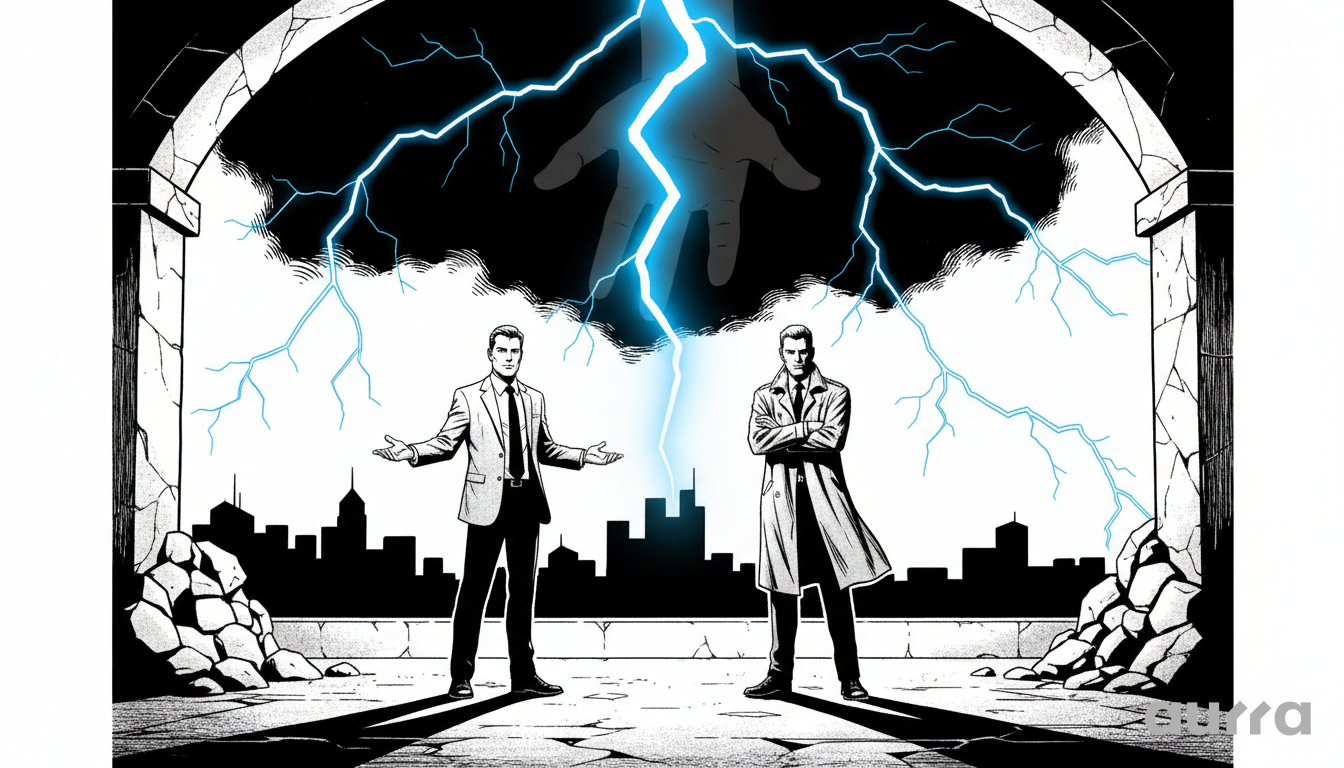 Illustration of two men standing before a ruined stone archway overlooking a city skyline. A giant shadowy hand reaches down from dark clouds as a bright blue lightning bolt strikes between them, representing the volatile risk sentiment and NFP data impacting the pair.