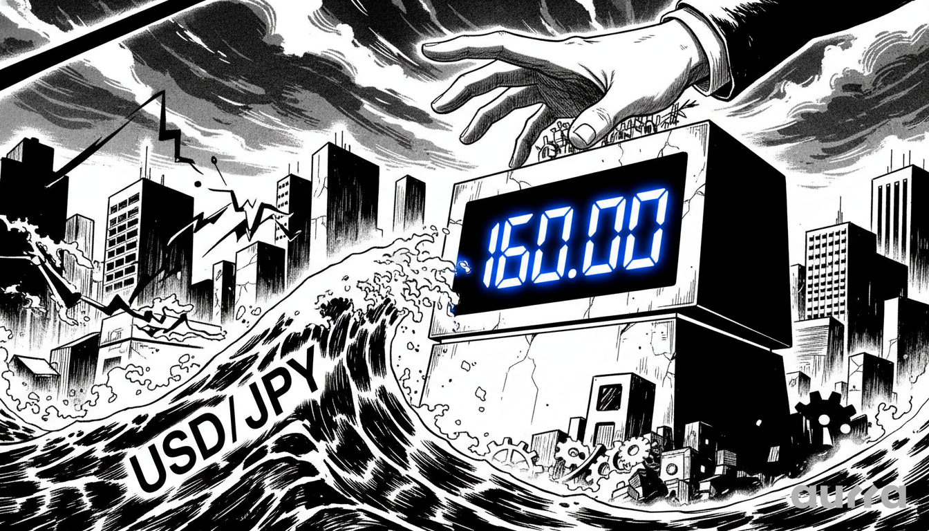 Noir-style illustration of a modern train labeled USD/JPY heading toward a massive concrete wall marked 160.00. A large red alarm light flashes from a central tower, symbolizing the high risk of sudden Bank of Japan currency intervention.