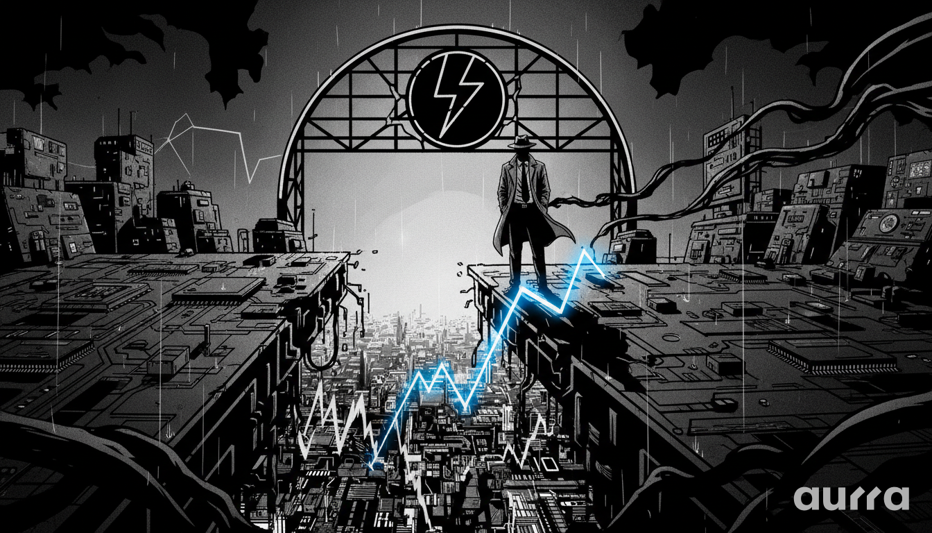 Illustration of an investor in a trench coat standing on the edge of a severed circuit board city, looking at a glowing blue stock trend line crossing a chasm below a lightning bolt symbol.