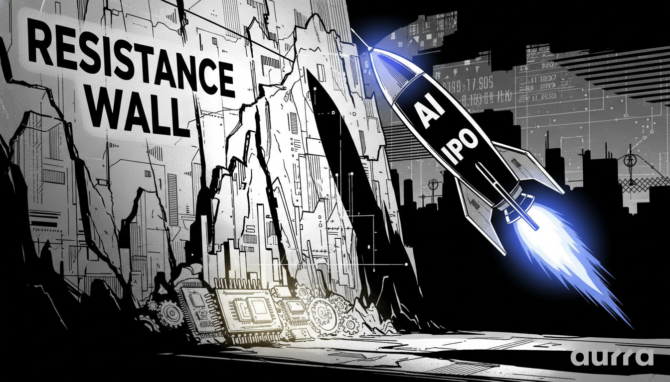 Noir-style illustration of a rocket labeled AI IPO blasting upward into a dark sky, passing a massive cracked stone wall marked RESISTANCE WALL. Microchips and computer processors sit at the base of the wall, representing technical barriers and tech stock support.