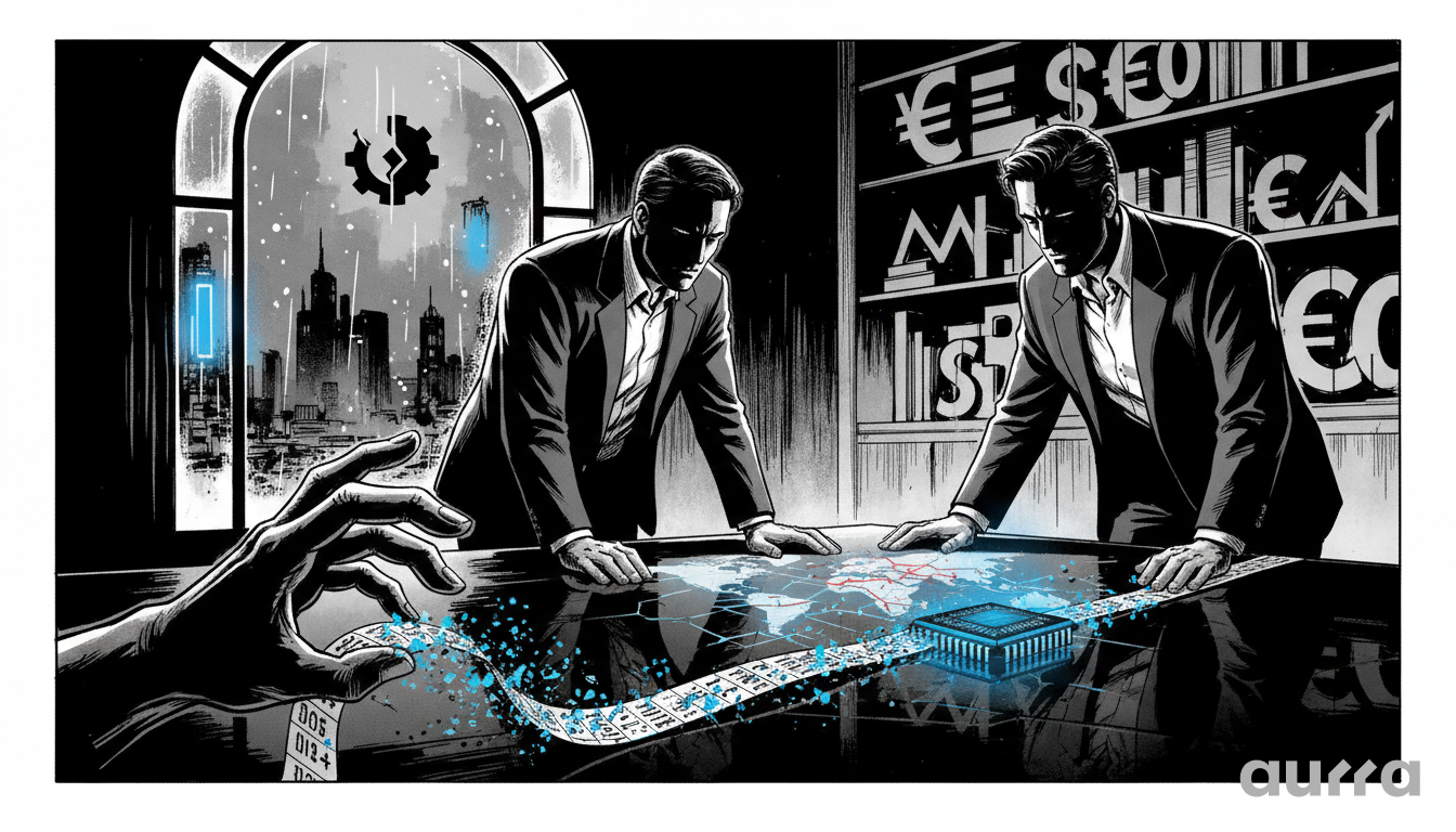 Illustration of two men in suits at a table analyzing a glowing world map. A hand holds a stock ticker tape that transforms into a glowing blue memory chip, symbolizing the tension between global geopolitical negotiations and the tech sector supercycle.