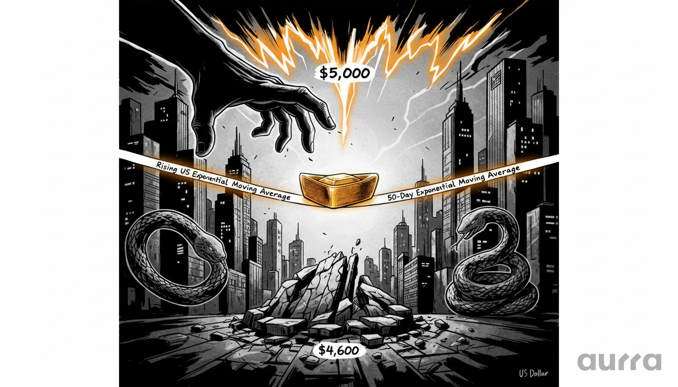 Illustration of a giant dark hand reaching down from a stormy sky toward a glowing gold bar suspended on a ribbon labeled 50-Day Exponential Moving Average. Above, lightning strikes with the number $5,000. Below, the ground cracks around the number $4,600, flanked by two coiled snakes in a dark city landscape.