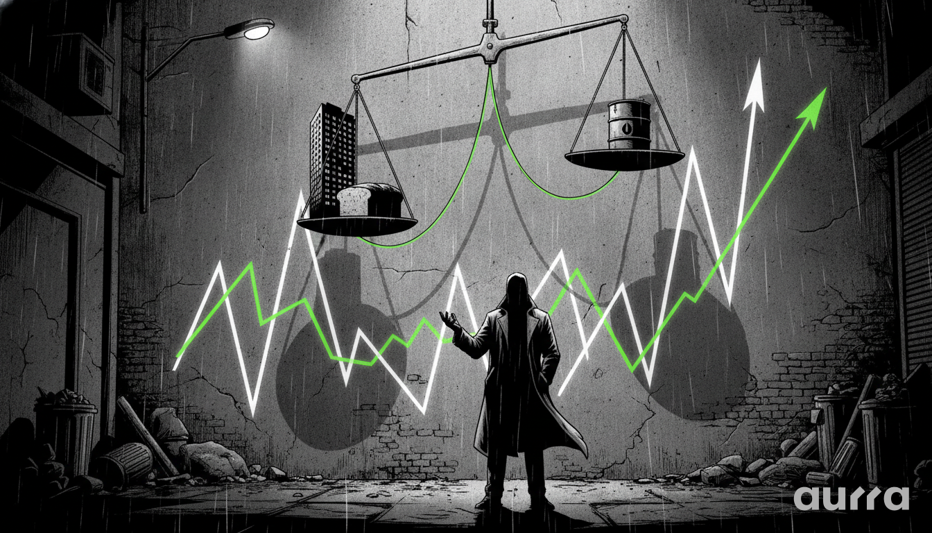 A black and white sketch drawing in image_ce846e.jpg showing a person in a coat looking at a large scale balancing a building and bread on one side against an oil barrel on the other, with green and white trend lines rising in the background.