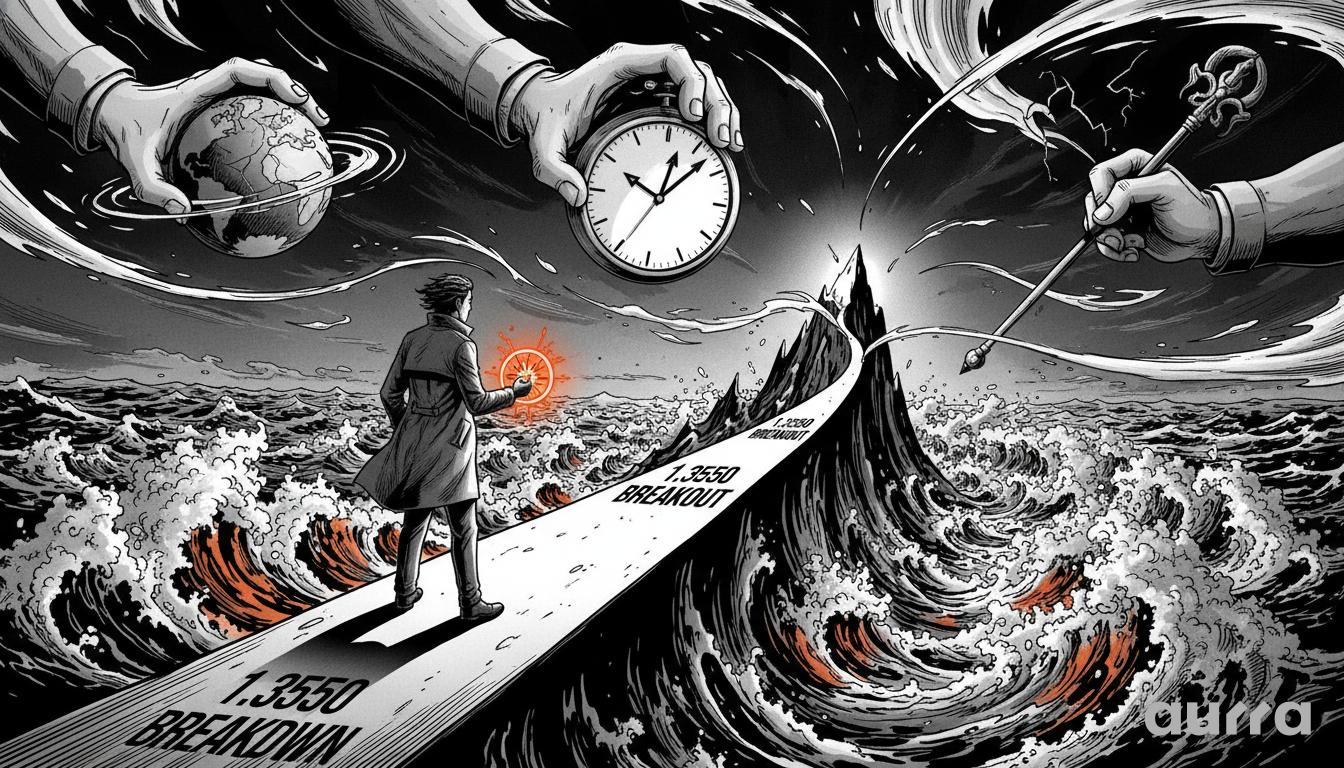 Noir-style illustration of a man in a trench coat walking a path over turbulent seas toward a sharp mountain. Giant hands from above hold a globe, a clock, and a staff. The path reads 1.3550 BREAKOUT and 1.3550 BREAKDOWN, visualizing the geopolitical forces and critical technical levels